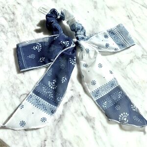 UO Blue Paisley Bandana Print Bow Tie Scrunchie Hair Tie